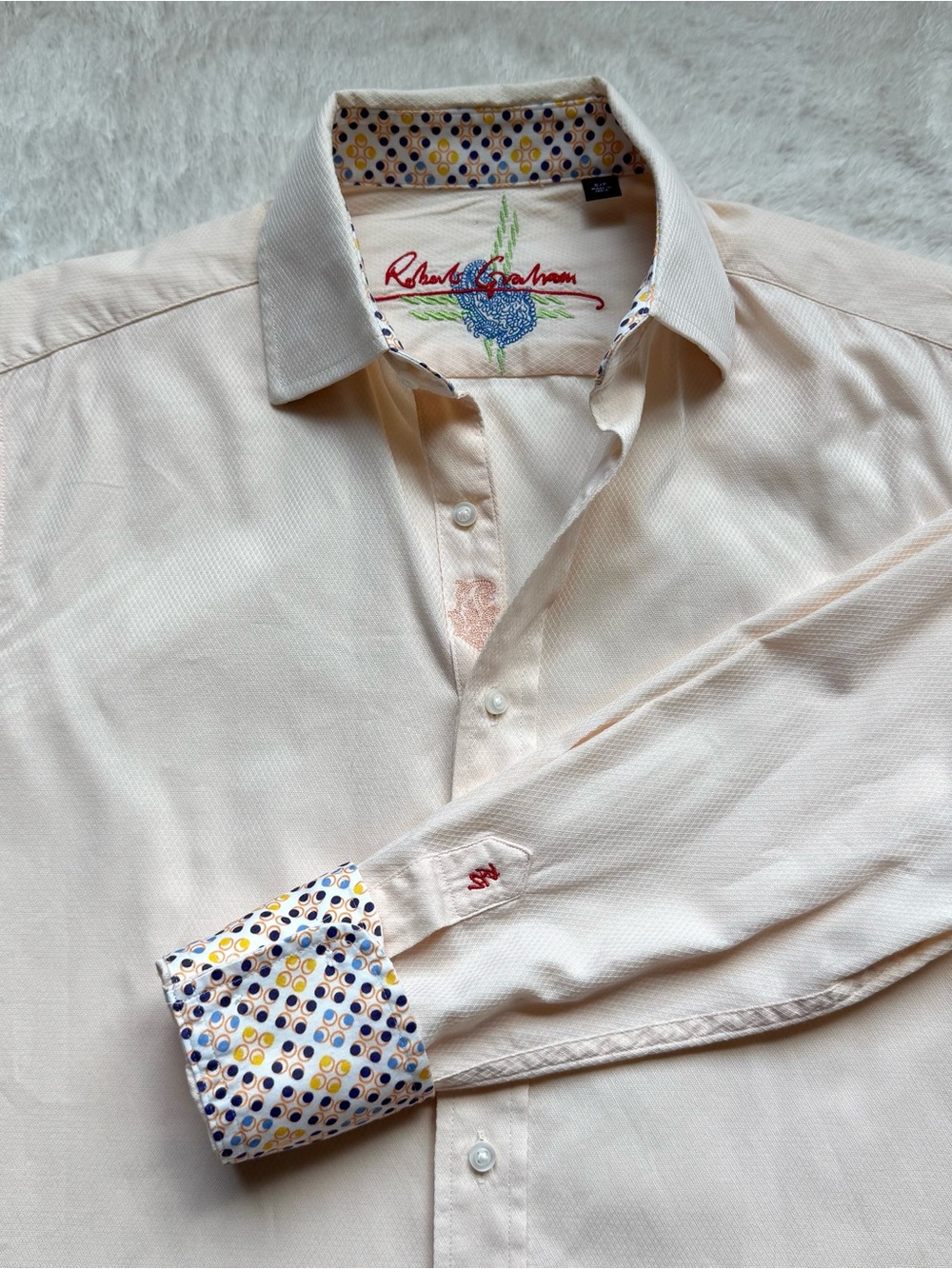 Robert Graham Button Front Shirt Flip Cuffs S Peach Beige Blue Textured Cotton